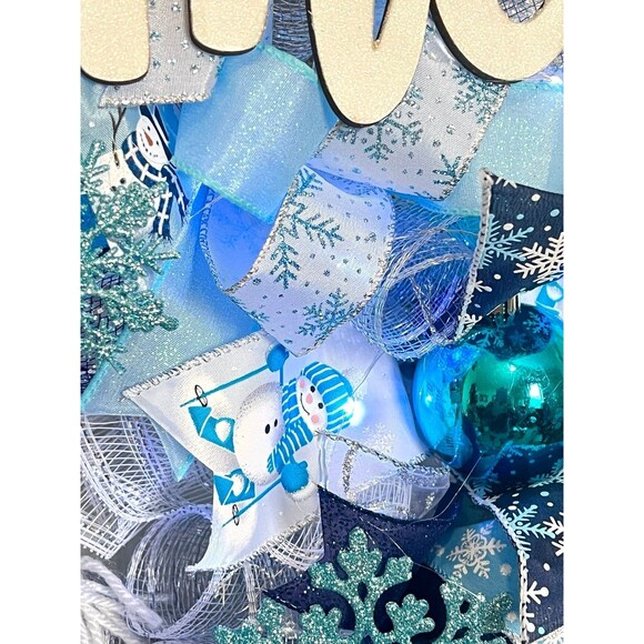 XL Handmade Christmas Holiday Skiing Snowman Ribbon Prelit Wreath 26 ins LED - Picture 8 of 11